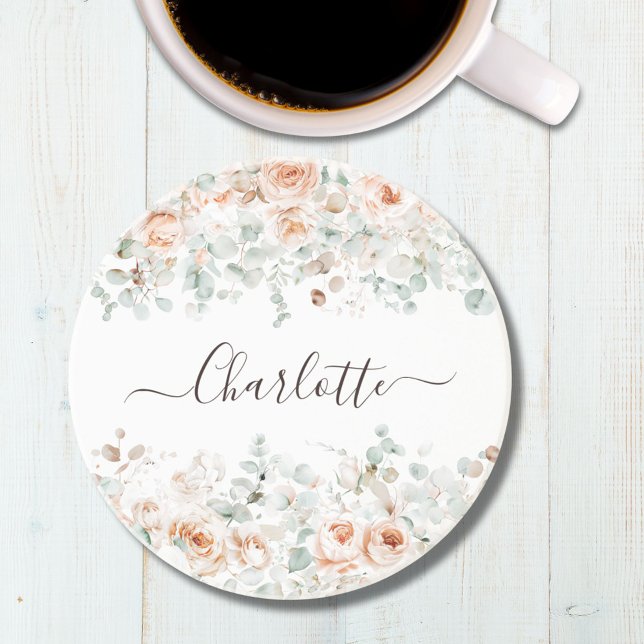 Elegant Monogram Rustic Rose Floral Greenery Coaster (In situ)