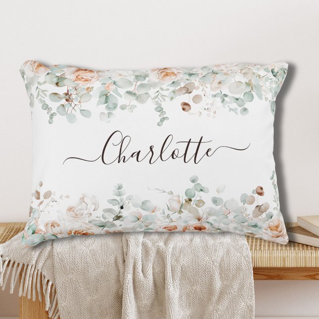 Elegant Monogram Rustic Rose Floral Greenery Decorative Cushion (In situ)
