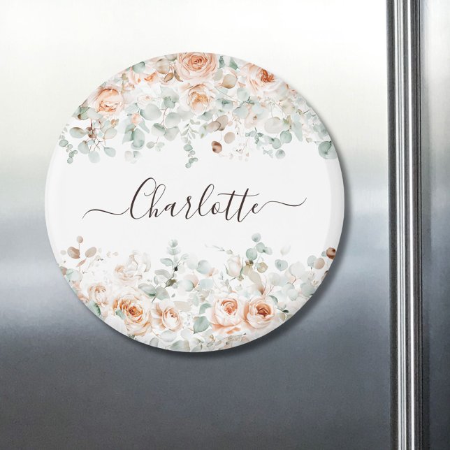 Elegant Monogram Rustic Rose Floral Greenery Magnet (In situ)