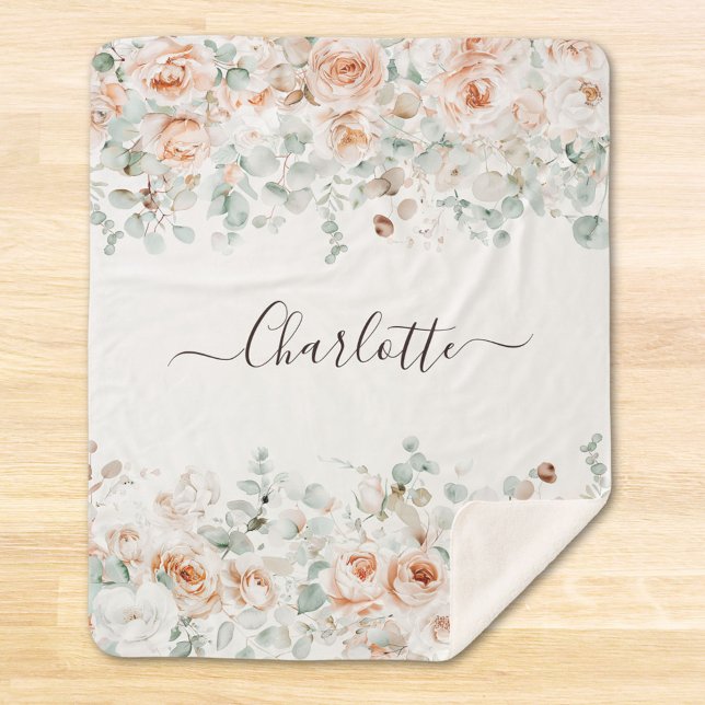Elegant Monogram Rustic Rose Floral Greenery Sherpa Blanket (In situ)