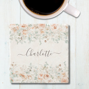 Elegant Monogram Rustic Rose Floral Greenery Stone Coaster