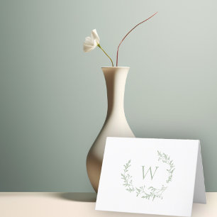 Elegant Monogram Sage Green Floral Leaves Crest Thank You Card