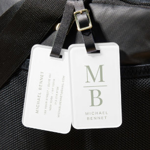 Elegant Monogram Sage Green Luggage Tag