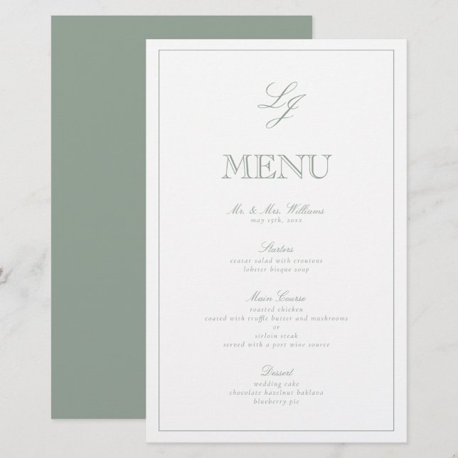 Elegant Monogram Sage Green Script Wedding Menu (Front/Back)