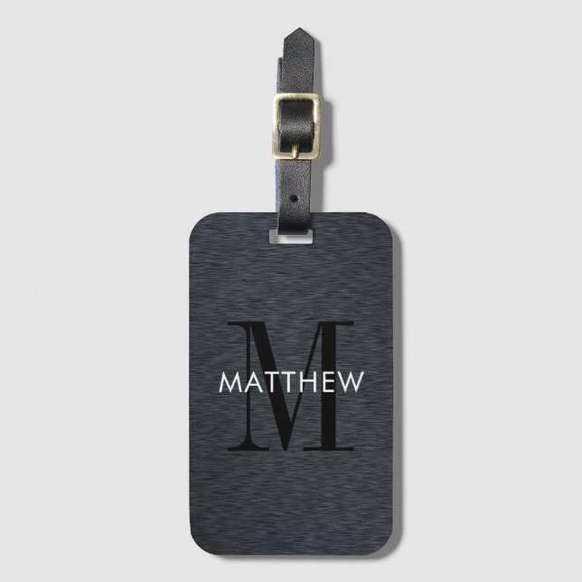 Elegant Monogram Script Black Brushed Metal Luggage Tag (Front Vertical)