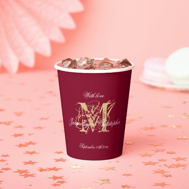 Elegant Monogram Script Burgundy Gold Wedding Paper Cups (Insitu)