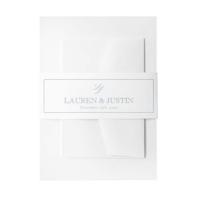 Elegant Monogram Script Dusty Blue Simple Wedding Invitation Belly Band (Front Example)