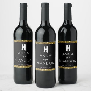 Elegant Monogram Script Modern Wedding Black Gold Wine Label