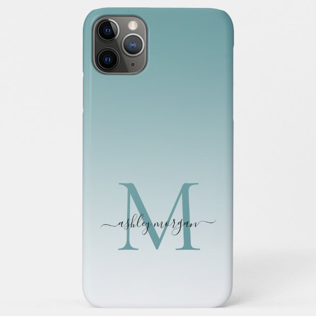 Elegant Monogram Script Name Dusty Turquoise Ombre Case-Mate iPhone Case (Back)