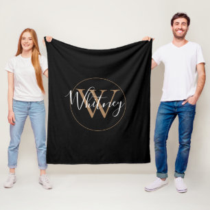 Elegant Monogram Script Name Gold Black  Fleece Blanket