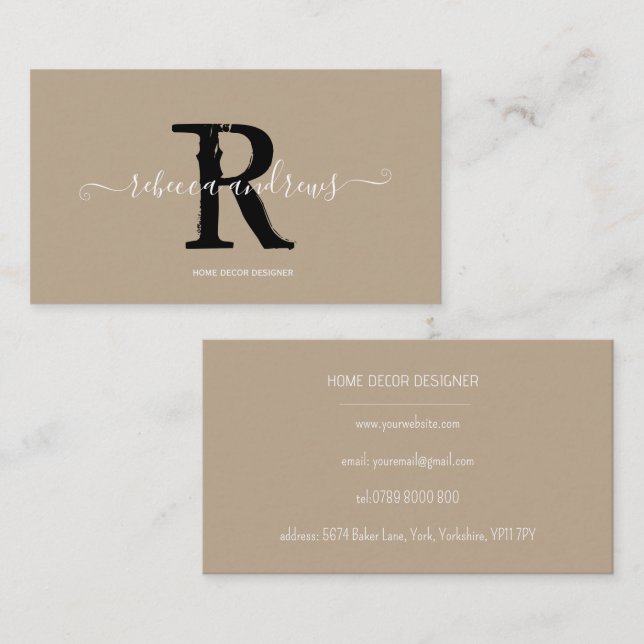 Elegant Monogram Script Name Initial Taupe  Business Card (Front/Back)