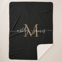 Elegant Monogram Script Names Black Gold Newlywed