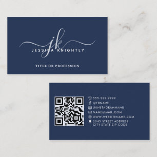 Elegant Monogram Script QR Code Social Media Blue Business Card