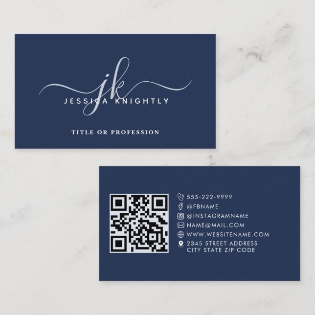 Elegant Monogram Script QR Code Social Media Blue Business Card (Front/Back)