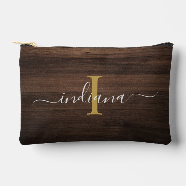 Elegant Monogram Script Rustic Wood Look Accessory Pouch (Front)