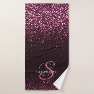 Elegant Monogram Script Stylish Pink Glitter Bath Towel
