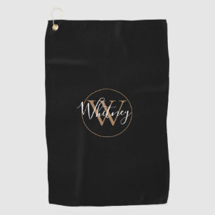 Elegant Monogram Script White Black and Gold   Golf Towel