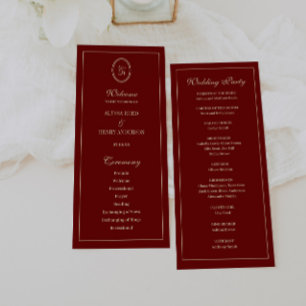 Elegant Monogram Script Wine Red Wedding Ceremony Programme