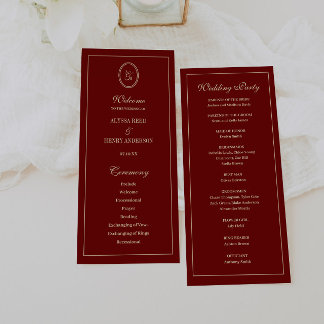Elegant Monogram Script Wine Red Wedding Ceremony Programme