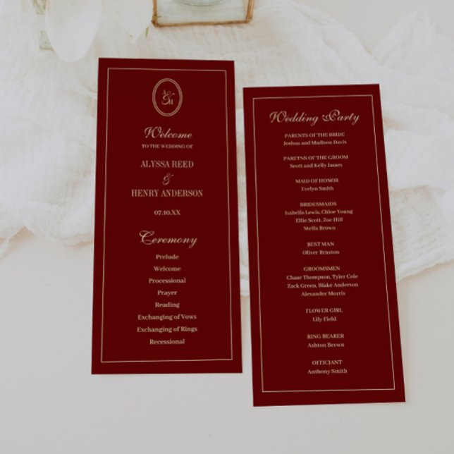Elegant Monogram Script Wine Red Wedding Ceremony Programme (Creator Uploaded)