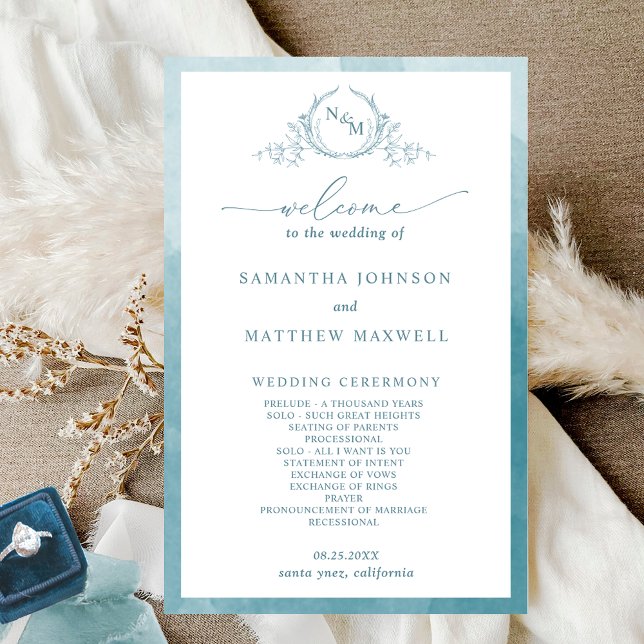 Elegant  Monogram Sea Glass Wedding Program (Creator Uploaded)