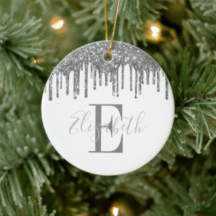 Elegant Monogram Silver Glitter Drip Ceramic Tree Decoration