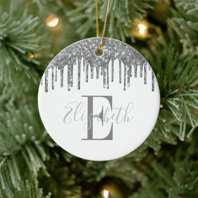 Elegant Monogram Silver Glitter Drip Ceramic Tree Decoration (Tree)