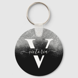 Elegant Monogram Silver Glitter Girly Black Custom Key Ring