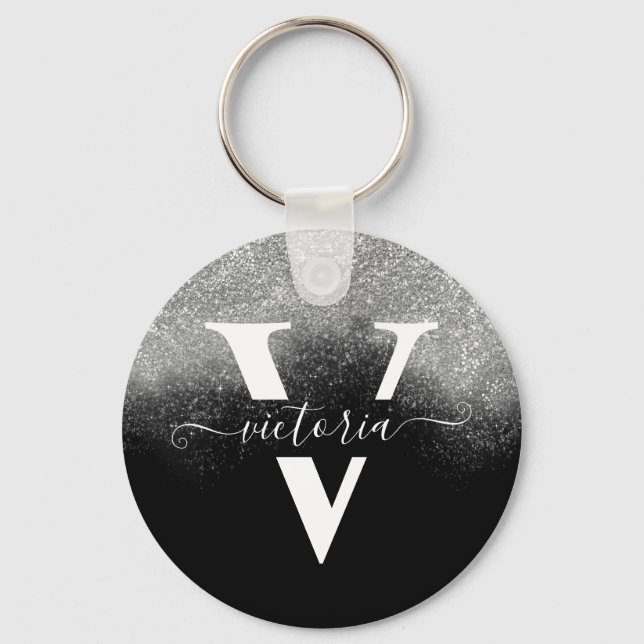 Elegant Monogram Silver Glitter Girly Black Custom Key Ring (Front)
