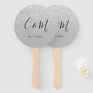 Elegant Monogram Silver Glitter Wedding Hand Fan
