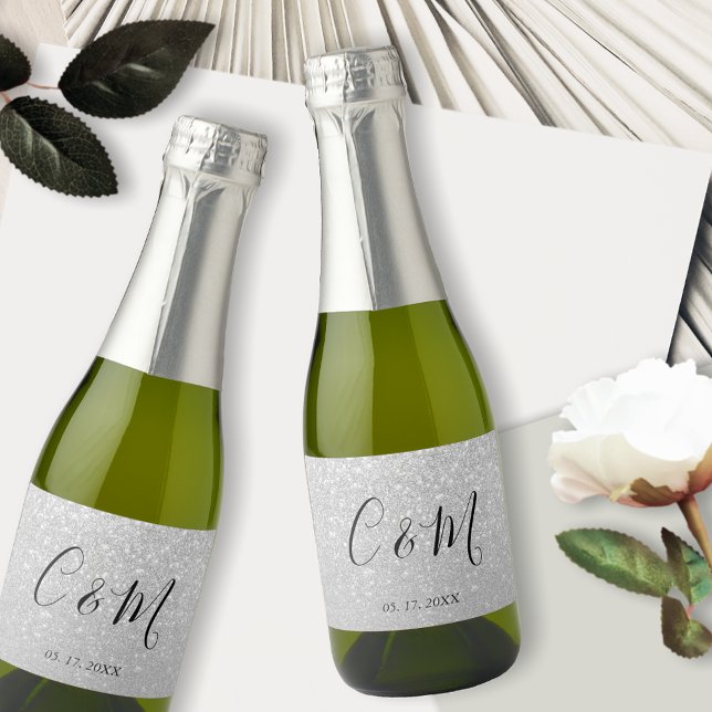 Elegant Monogram Silver Glitter Wedding Wine Label (Creator Uploaded)
