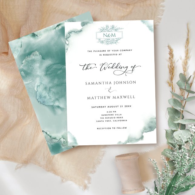 Elegant Monogram, Silver Sage Watercolor Wedding Invitation (Creator Uploaded)