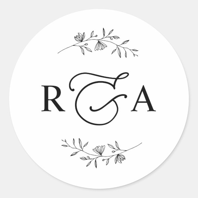 Elegant Monogram Simple Black and White Classic Ro Round Sticker (Front)
