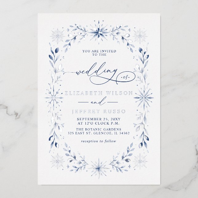 Elegant Monogram Snowflakes Blue Winter Wedding (Front)