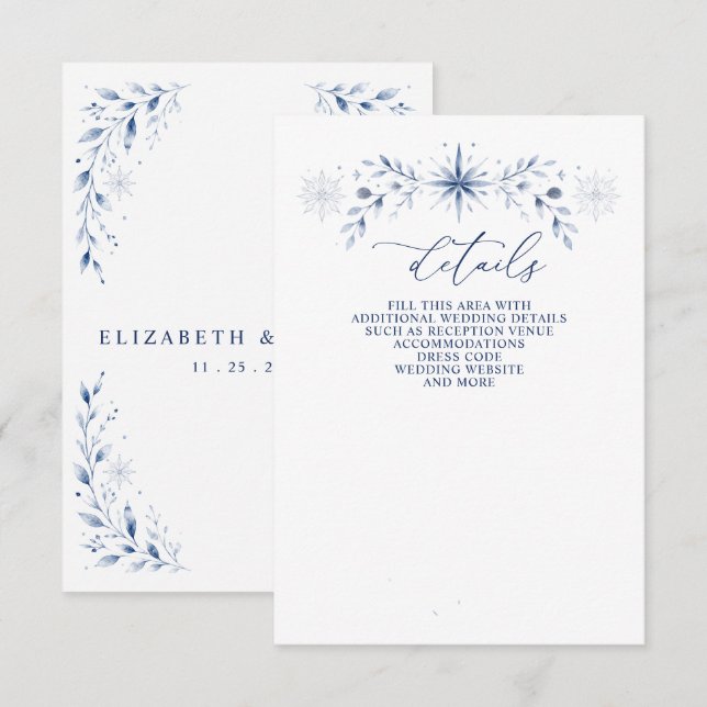Elegant Monogram Snowflakes Blue Winter Wedding  Enclosure Card (Front/Back)