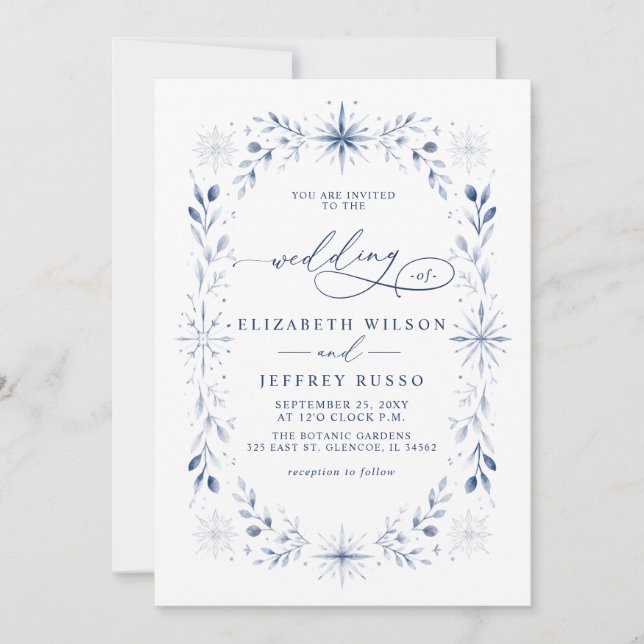 Elegant Monogram Snowflakes Blue Winter Wedding Invitation (Front)