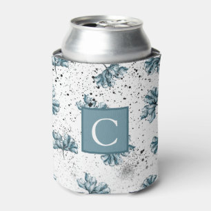 Elegant Monogram steel blue Floral Can Cooler