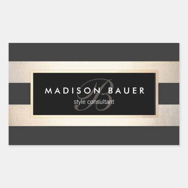 Elegant Monogram Striped Black and FAUX Gold Foil Rectangular Sticker (Front)