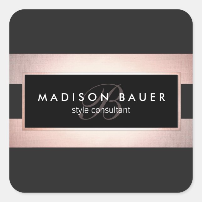 Elegant Monogram Striped Black and Rose Gold Square Sticker (Front)