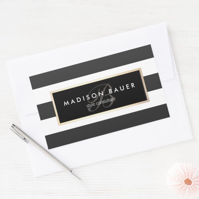 Elegant Monogram Striped Black and White Rectangular Sticker (Envelope)