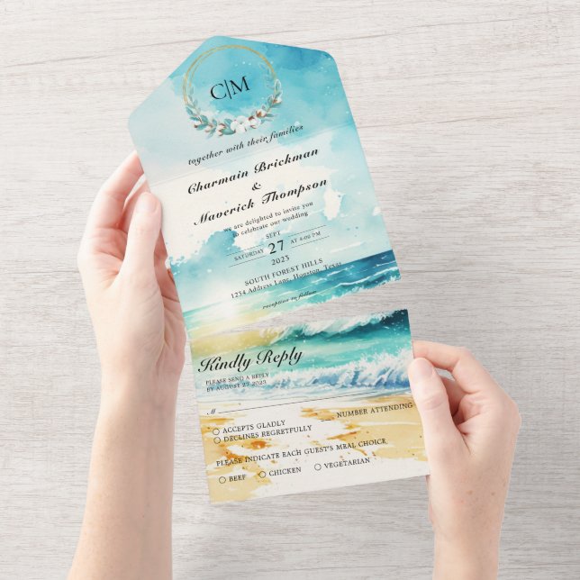 Elegant Monogram Summer Beach Wedding All In One I All In One Invitation (Tearaway)
