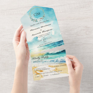 Elegant Monogram Summer Beach Wedding All In One I Invitation