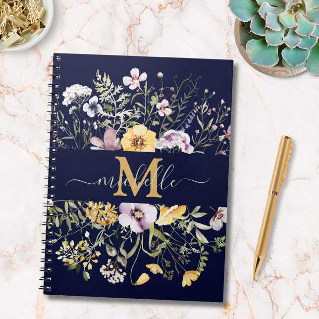 Elegant Monogram Summer Wildflower Meadow Floral Notebook (In situ)