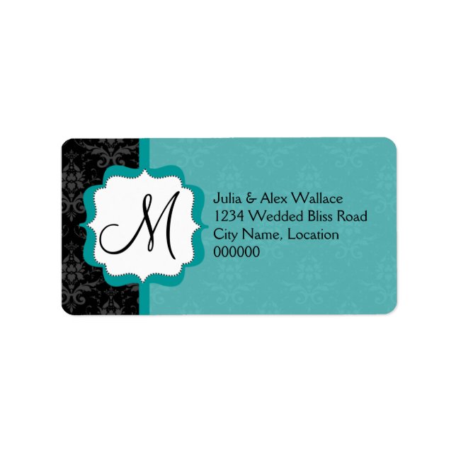 Elegant Monogram Teal Damask Label (Front)