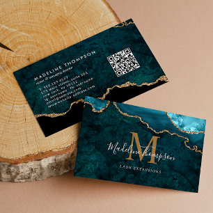 Elegant Monogram Teal Gold Agate Geode QR Code Business Card