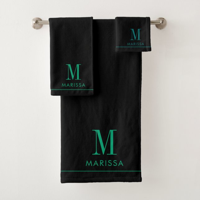 Elegant Monogram Teal Name Black Bath Towel Set (Insitu)