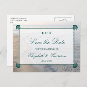 Elegant Monogram, Teal Scallop Beach Save The Date Announcement Postcard