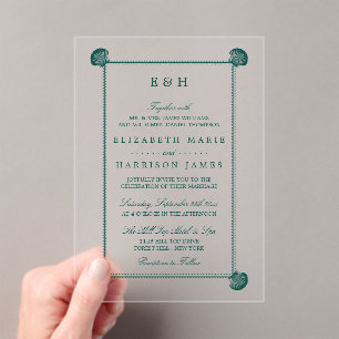 Elegant Monogram & Teal Scallop Beach Wedding Acrylic Invitations