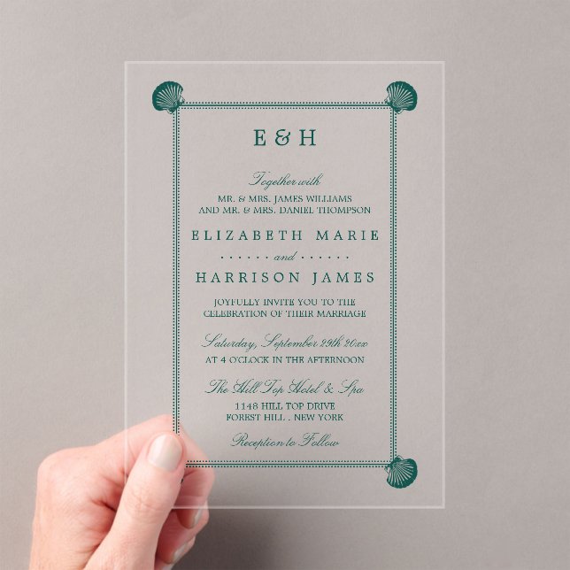 Elegant Monogram & Teal Scallop Beach Wedding Acrylic Invitations (Insitu (Handheld))