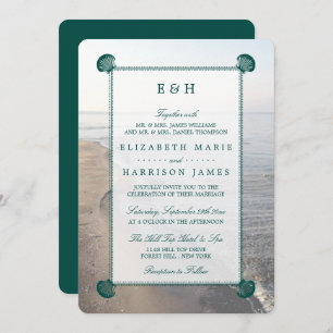 Elegant Monogram & Teal Scallop Beach Wedding Invitation
